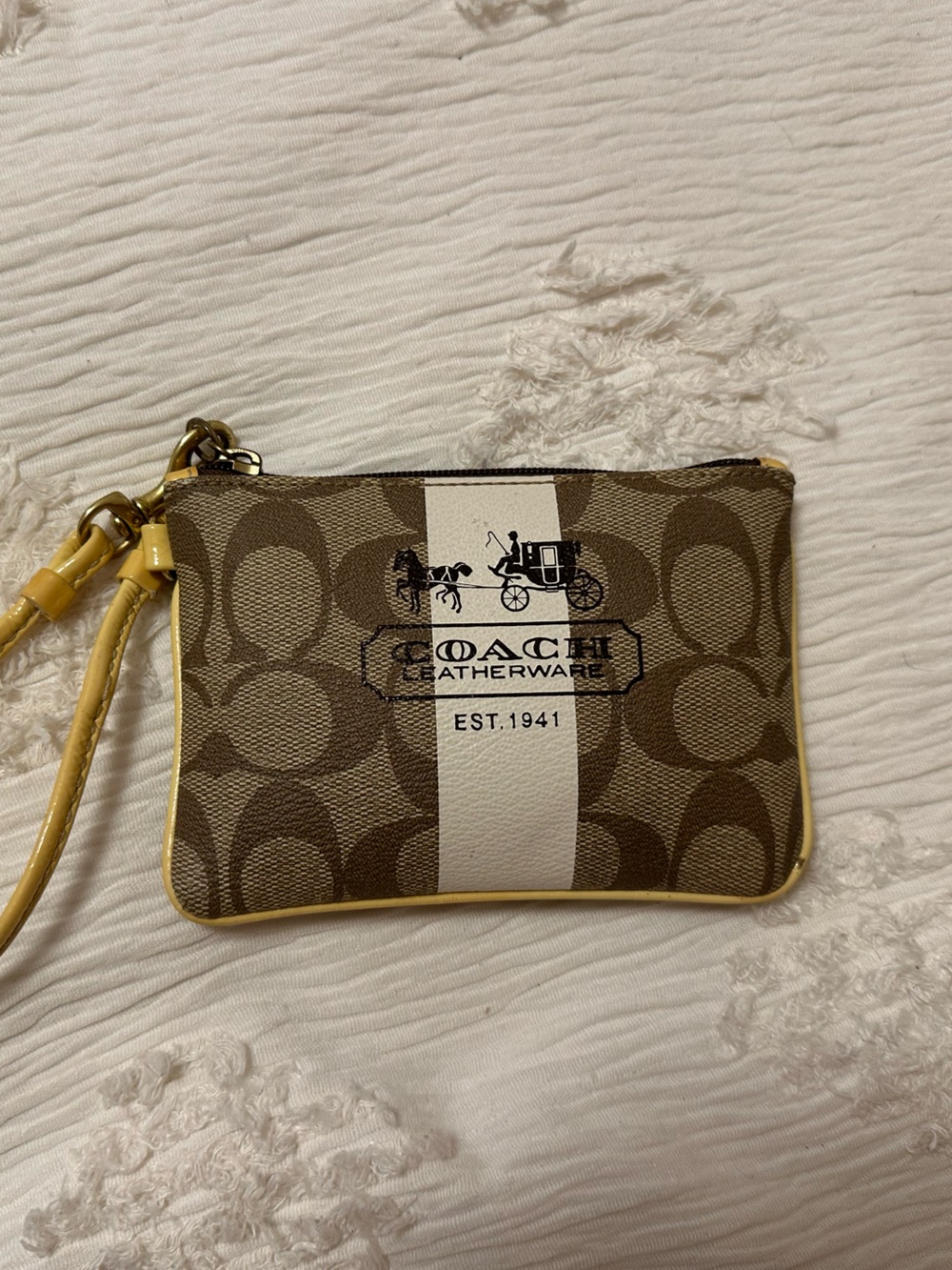 Coach Signature Stripe Zip Wristlet in Brown and Cream with Yellow Trim